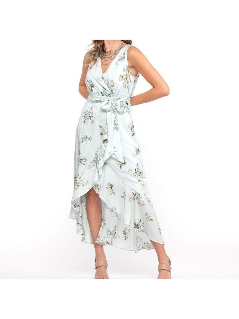 Cleo Petites Blue Floral Midi Dress 14P Wrap Style Sleeveless Ruffle Hem Garden